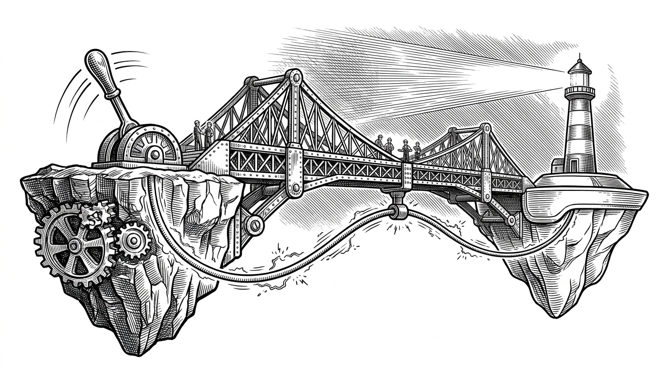 An illustration of a mechanical bridge connecting two islands, with a thick cable running underneath to represent a continuous feedback loop.