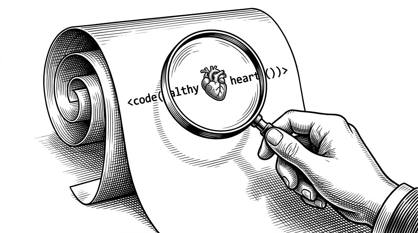 An illustration of a magnifying glass inspecting a scroll of code, revealing a healthy heart icon hidden within the text.
