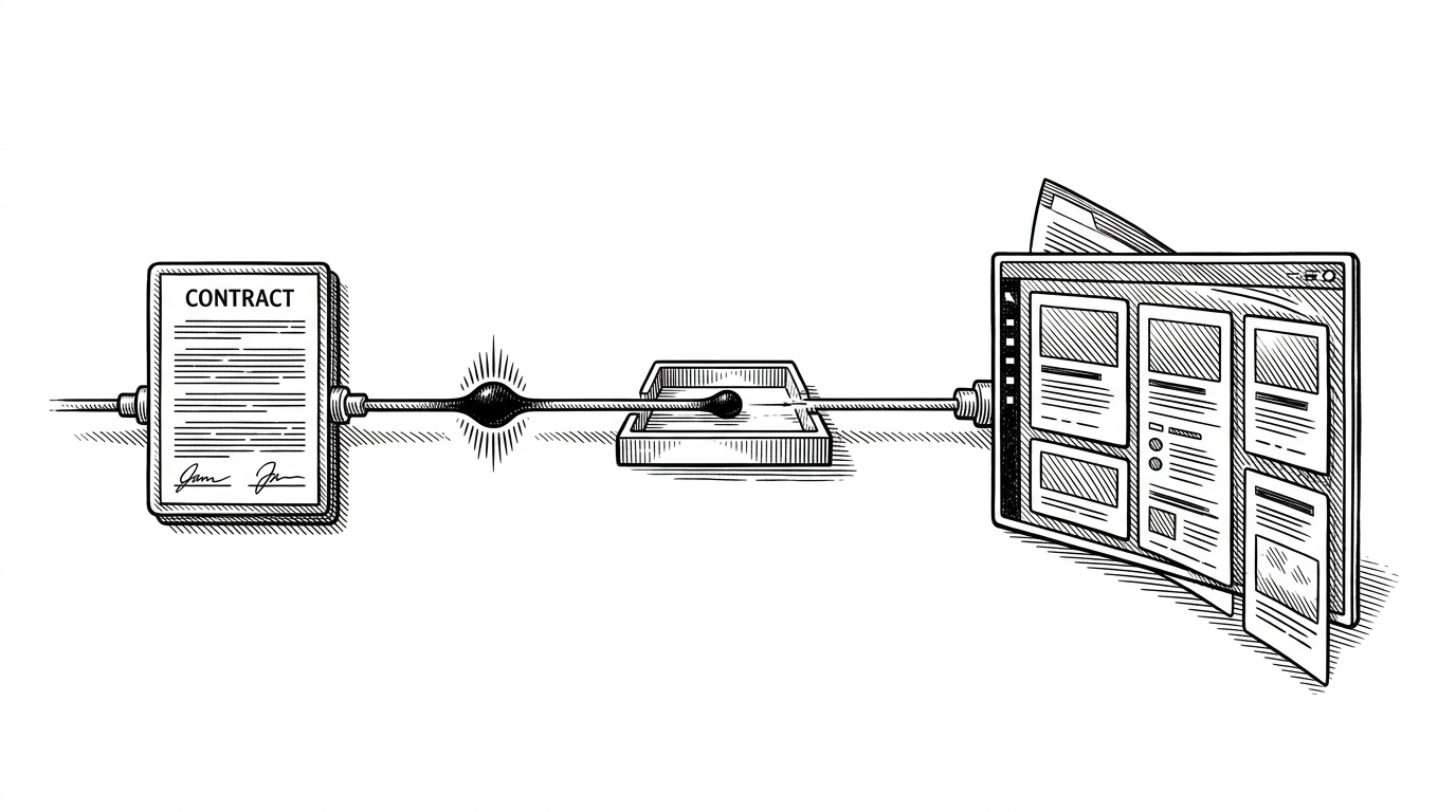 A pulse travels through a wire from a contract node into a buffer tray and then into a refreshed UI panel. It shows that the app reacts to emitted events instead of polling blindly.
