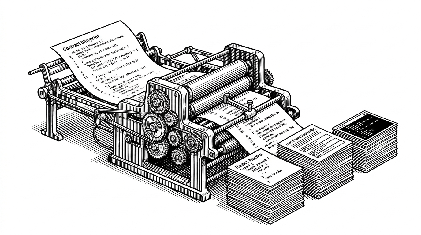 A printing press turns a single contract blueprint into three clean outputs. It explains the article's core idea: the scaffold derives frontend surfaces from the contract instead of asking the developer to wire them by hand.
