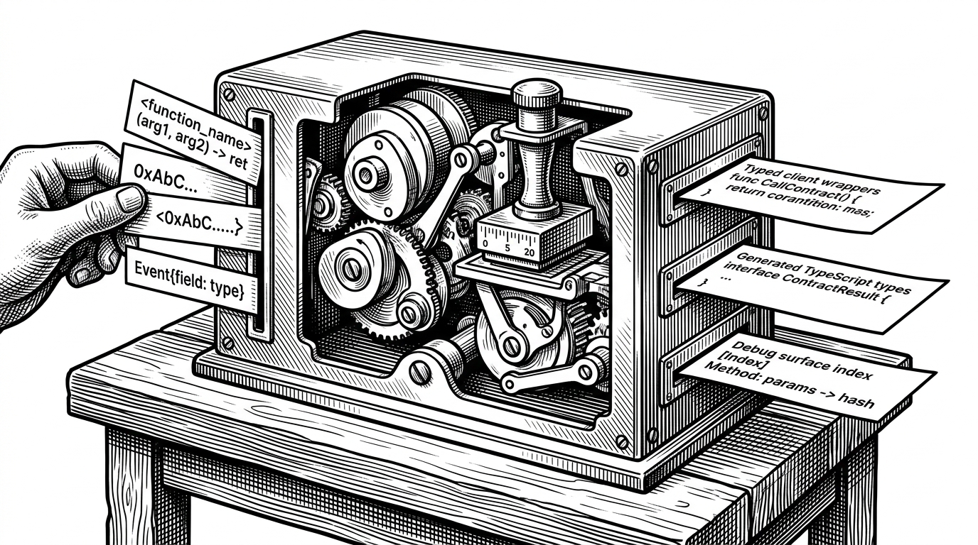 A close-up of a conversion machine where method cards and type tokens enter one side and stamped TypeScript outputs emerge from the other. It explains how the generator keeps the frontend aligned with the contract's shape.