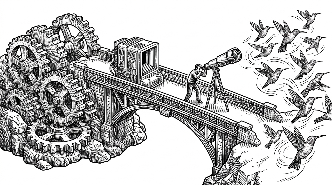 An illustration of a bridge connecting a massive, slow-moving stone gear system to a swarm of fast-moving hummingbirds, representing the connection between Ethereum and Vara.
