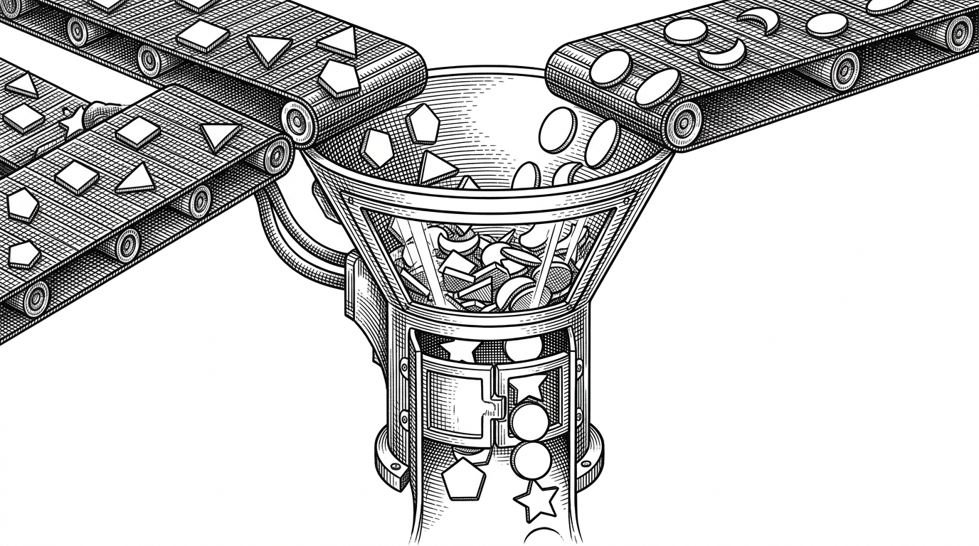 A close-up of a mechanical sorter dropping different shaped tokens into a single funnel that only opens when a matching pair is present.
