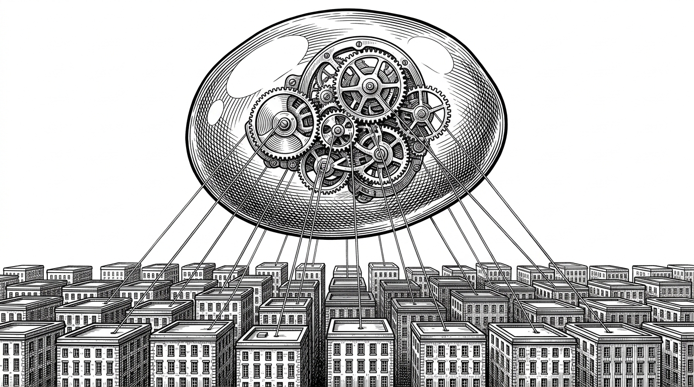 A massive translucent orb floating above a city of rigid stone buildings, with complex clockwork inside the orb sending thin silver threads down to the buildings.