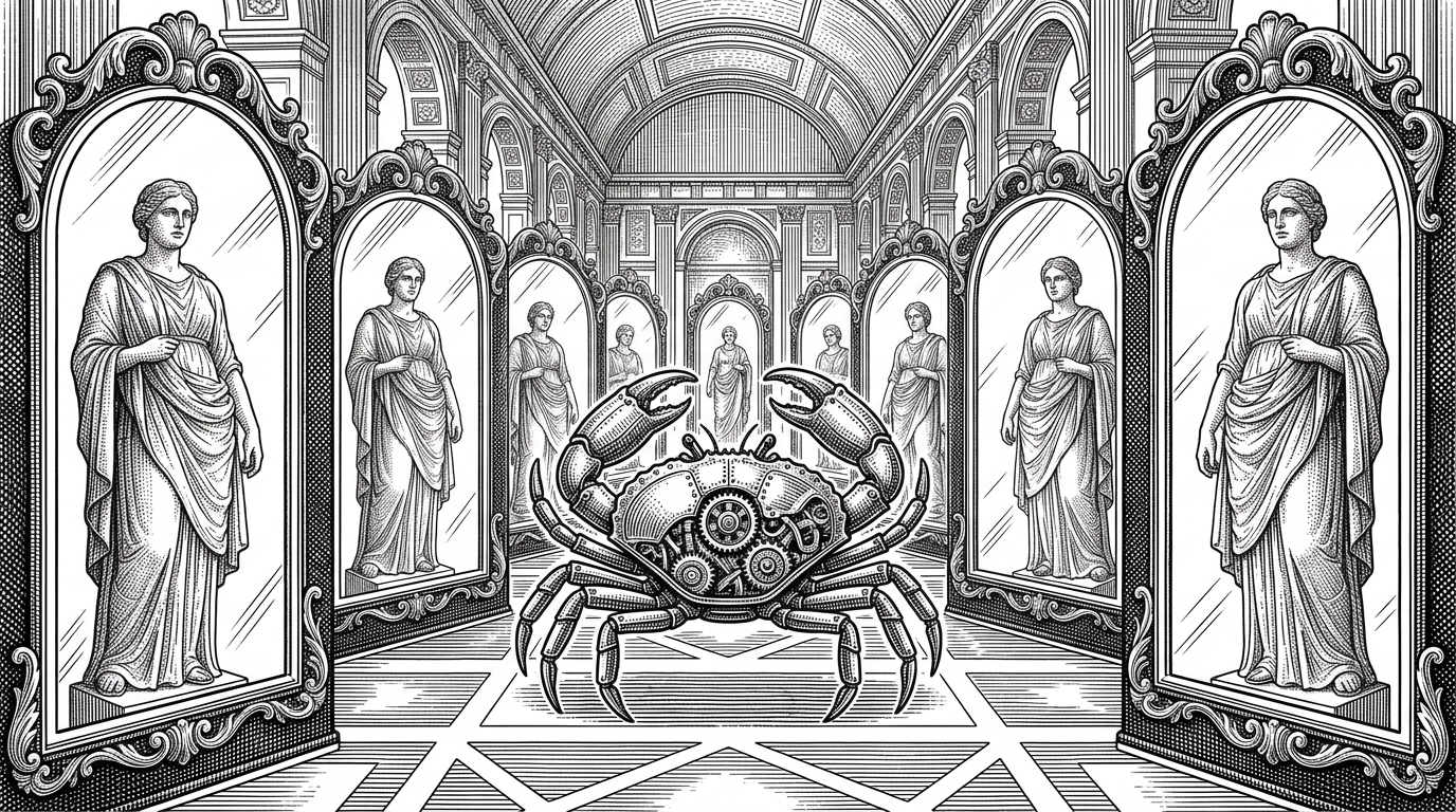 A mechanical crab standing in a hall of mirrors, where every reflection shows a classical marble statue instead of the crab. This illustrates a Rust program appearing as a Solidity contract.