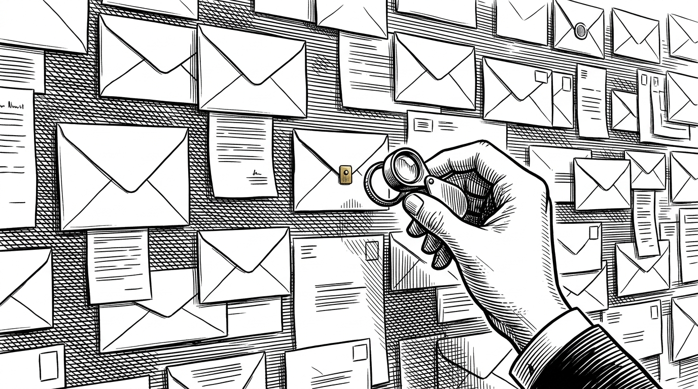 A public notice wall filled with sealed envelopes, while a small brass tag on each envelope catches a scanner's eye before the rest of the contents are examined. The scene explains that the real breakthrough is not hiding every message, but letting a wallet skip almost all of them cheaply.