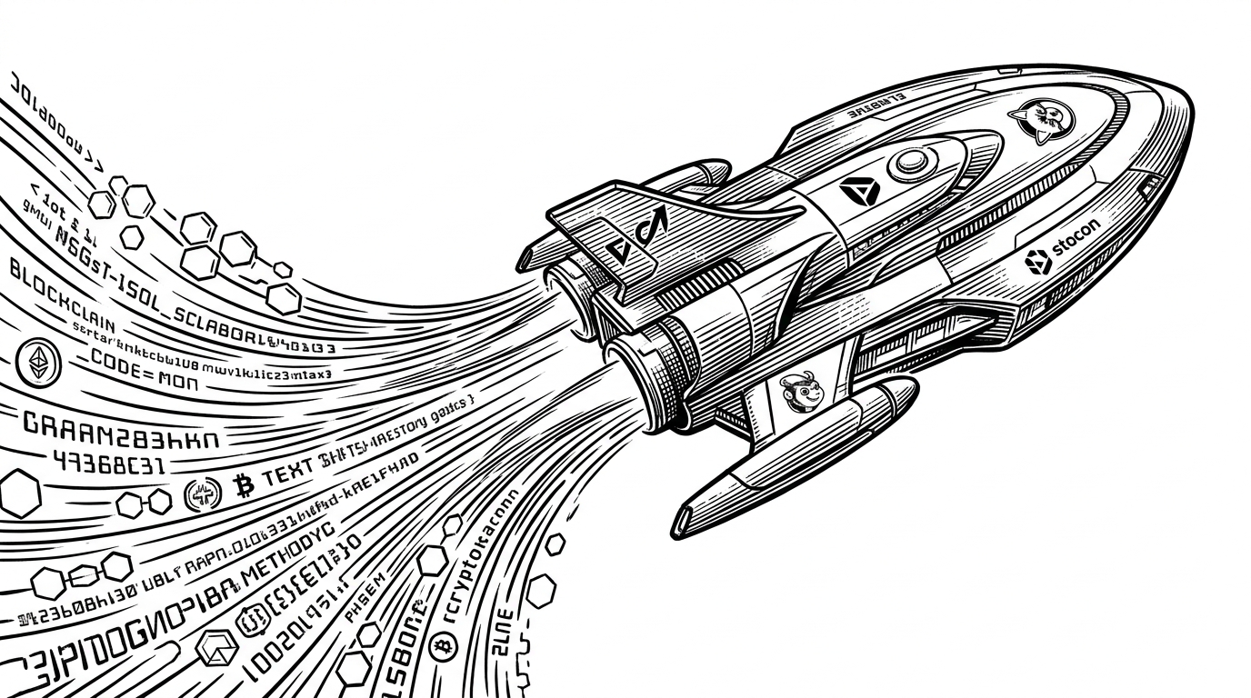 A detailed illustration of a starship mid-warp, its exhaust transforming into cascading lines of code and hexagonal blockchain cells.