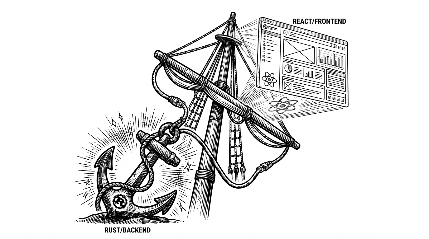 An illustration of a ship's mast where the rigging ropes are Ethernet cables connecting a glowing anchor to a floating hologram.