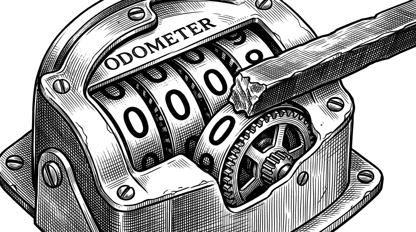 A close-up of a mechanical counter hitting zero and physically locking with an iron bar to prevent rolling back.