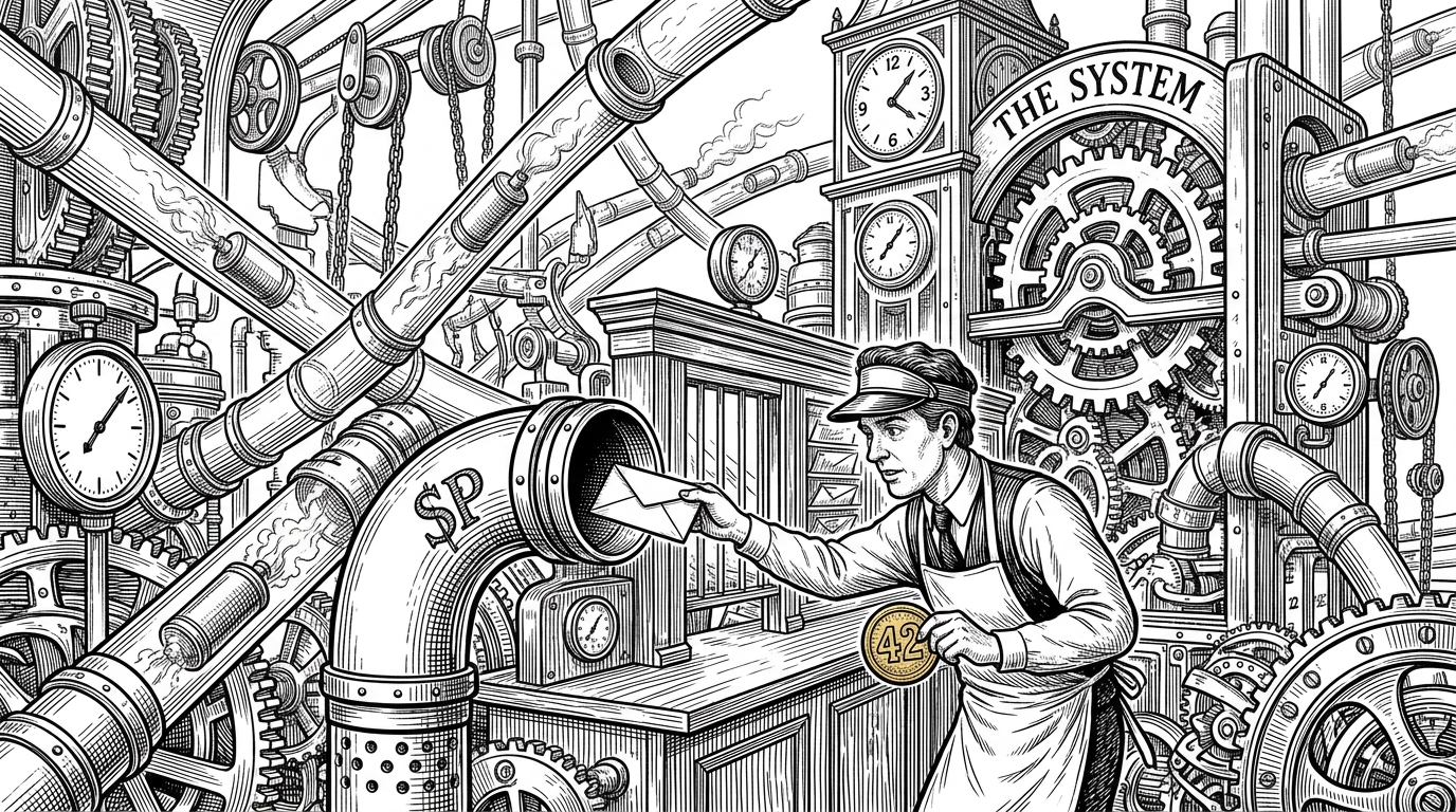 An illustration of a massive clockwork post-office where a clerk hands a letter into a pneumatic tube and receives a numbered token, symbolizing asynchronous message tracking.