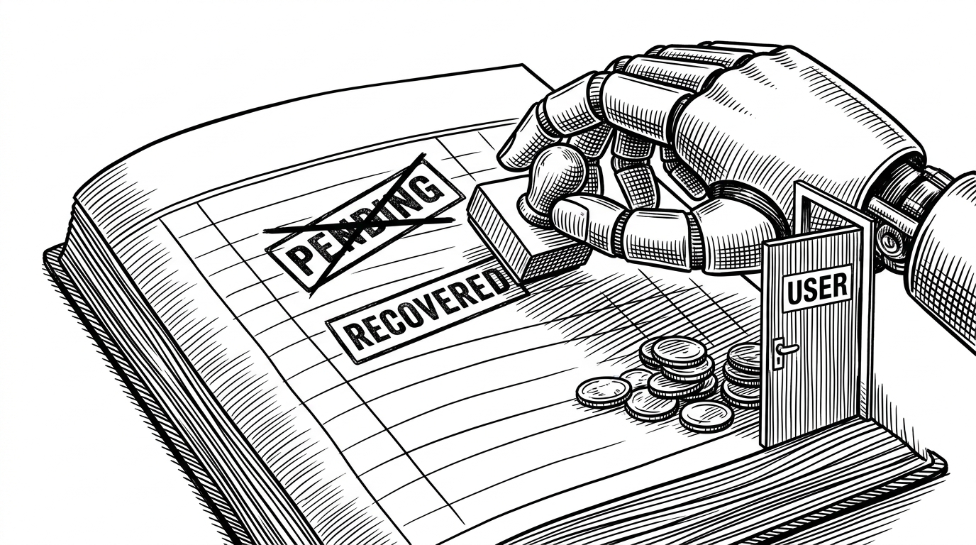A close-up illustration of a ledger book where a mechanical hand crosses out a Pending stamp and replaces it with a Recovered stamp.