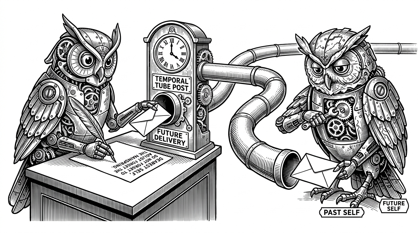 A mechanical clockwork owl placing a letter into a pneumatic tube, while an older version of the same owl catches a similar letter on the other side.
