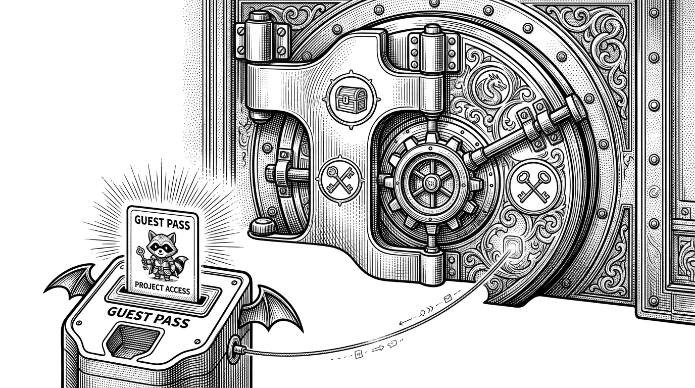 A glowing guest pass inserted into a reader connected to a large closed vault door by a thin thread, representing delegated session authority.