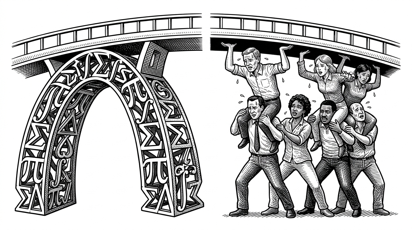 A split scene comparing a bridge supported by a sturdy geometric arch of mathematical symbols against a bridge held up precariously by four sweating people.