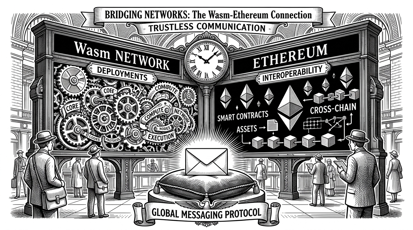 A vintage departure board splitting the Vara Network and Ethereum, with a glowing envelope waiting patiently under a massive ticking clock.