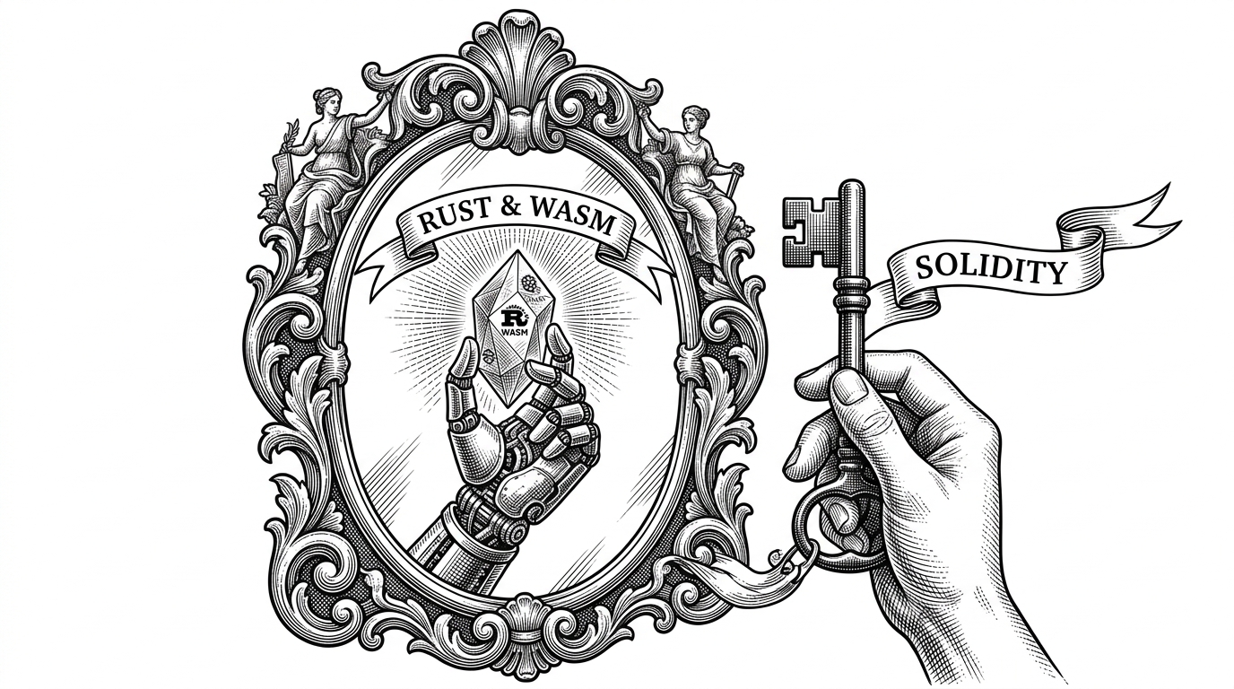 An ornate mirror showing a human hand holding a key on one side, and a mechanical hand holding a crystal in the reflection, illustrating the bridge between Ethereum and Vara.