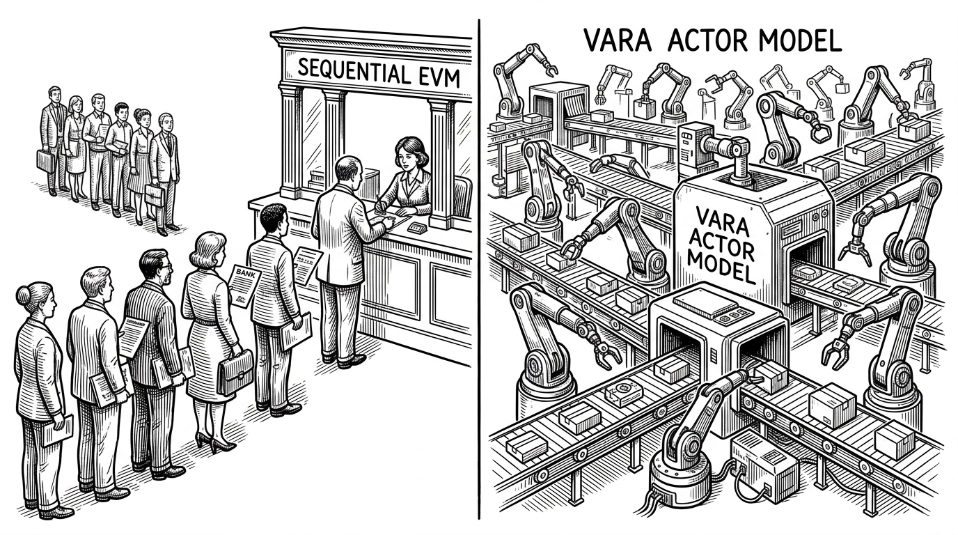 A split scene showing a single slow line of people on the left, and a highly parallel automated robotic sorting facility on the right.