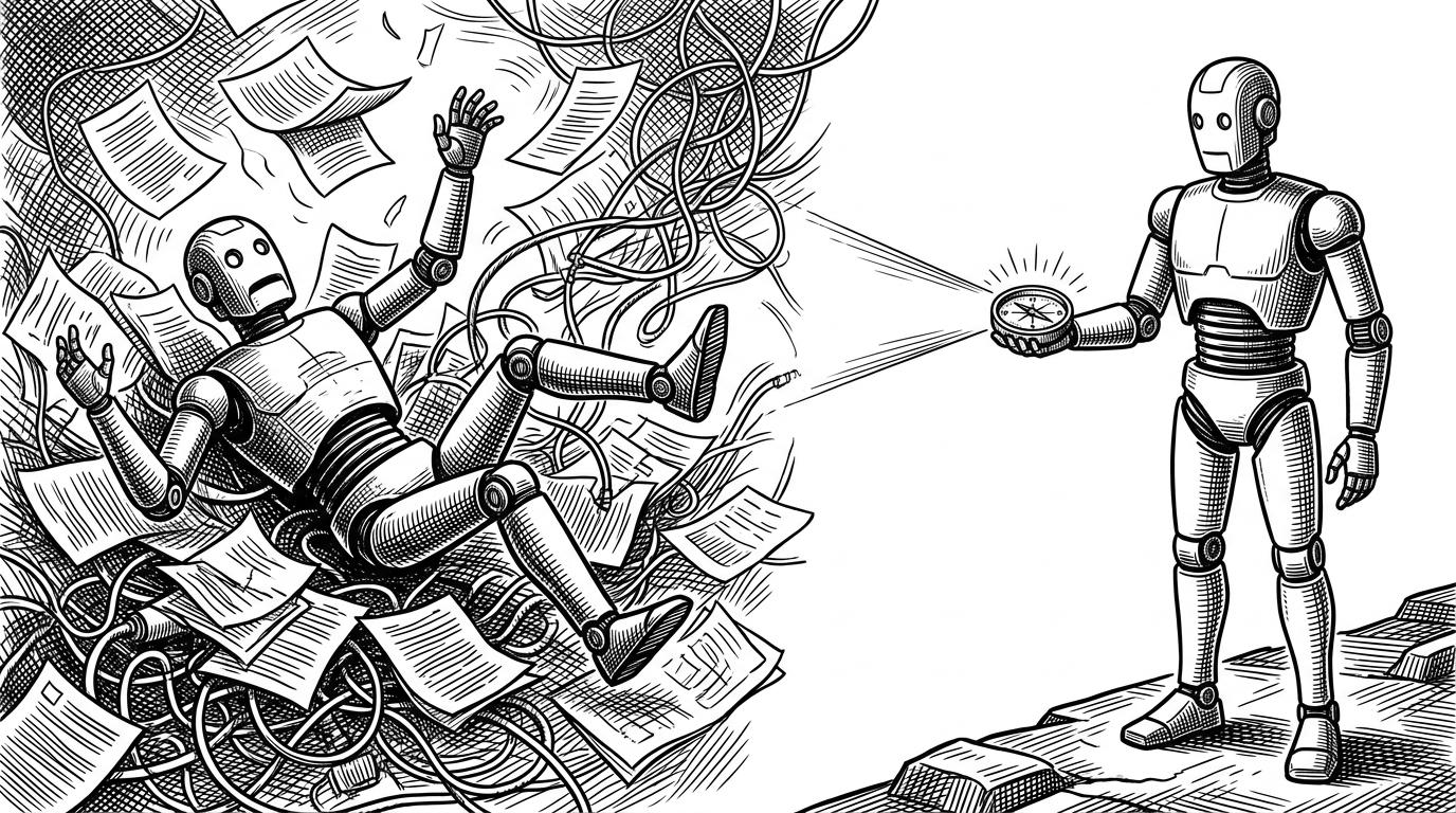 A split scene. On the left, a generic robot drowns in a sea of floating papers. On the right, a focused robot holds a single glowing compass.