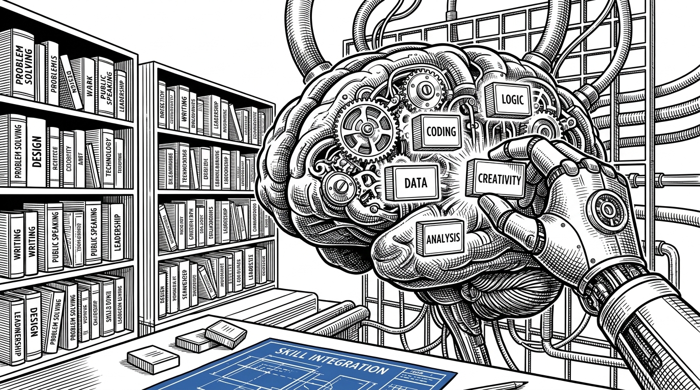 A giant mechanical brain having glowing skill modules slotted into it by mechanical arms, representing AI agents receiving specialized domain knowledge.