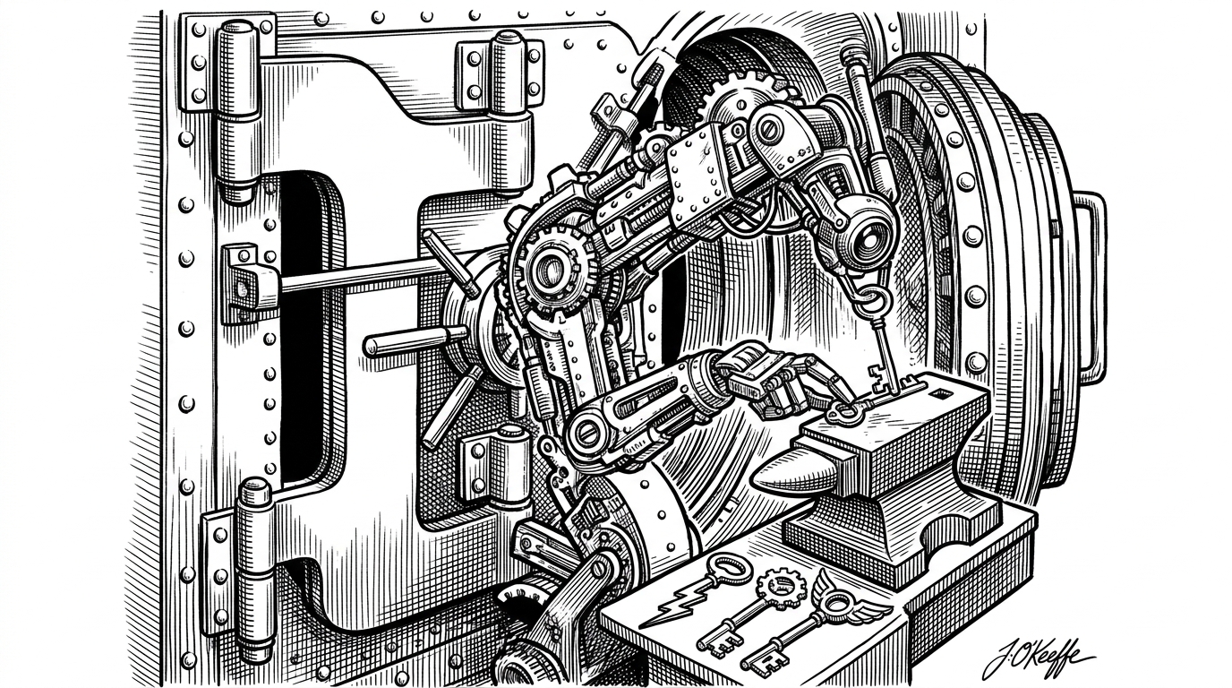 A close-up of a heavy steel vault door. A complex mechanical arm reaches out from the inside of the vault, forging its own physical key on an anvil to lock itself. This represents the autonomous key generation of the wallet store.