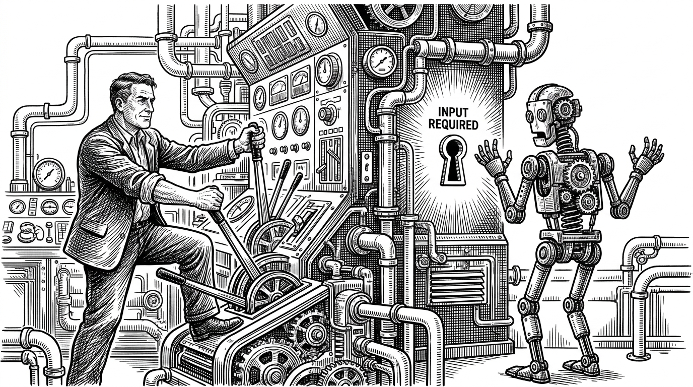 A massive steam-powered control board operated by a human, while a mechanical automaton stands frozen in front of a single glowing keyhole labeled Input Required. This illustrates the friction AI agents face with traditional interactive CLIs.