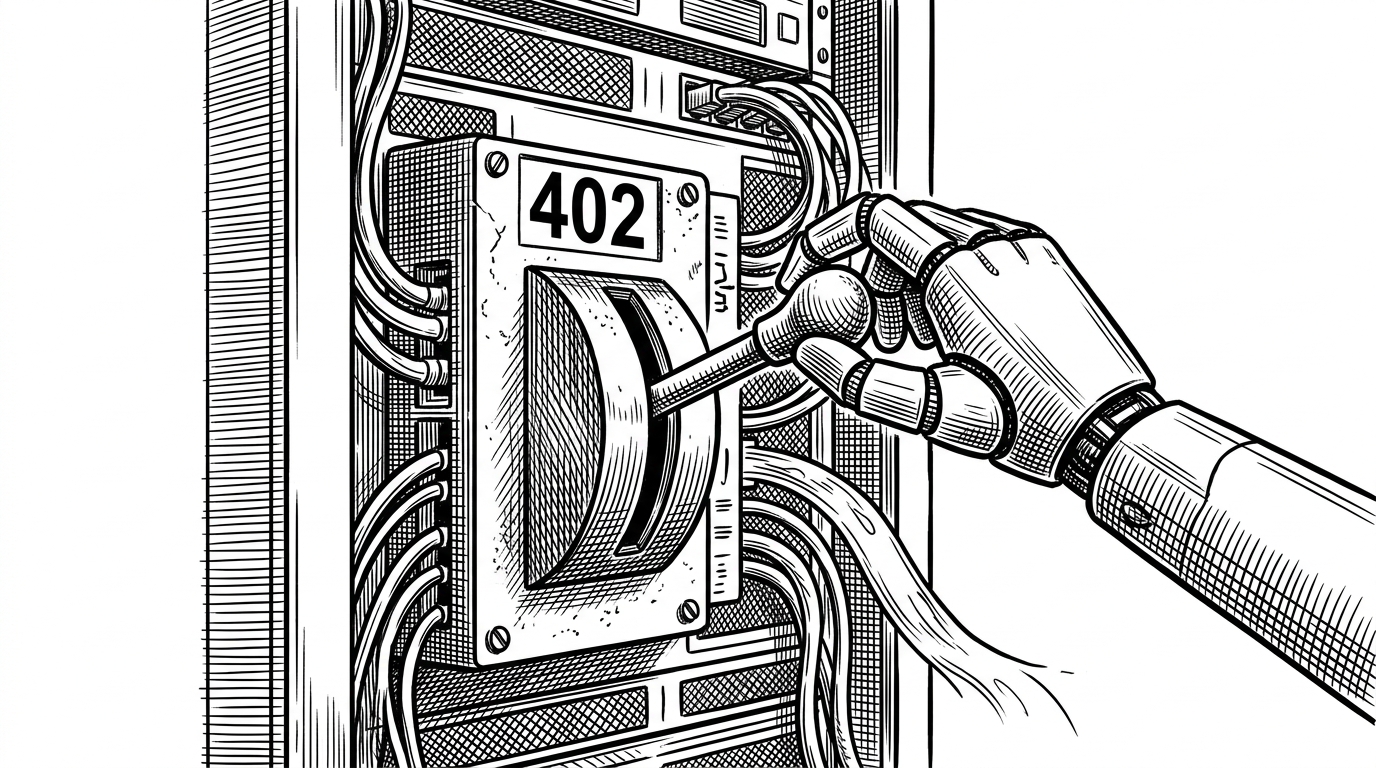A robotic hand pulling an antique mechanical lever labeled 402 inside a modern server rack, symbolizing the revival of the HTTP 402 payment protocol for AI.