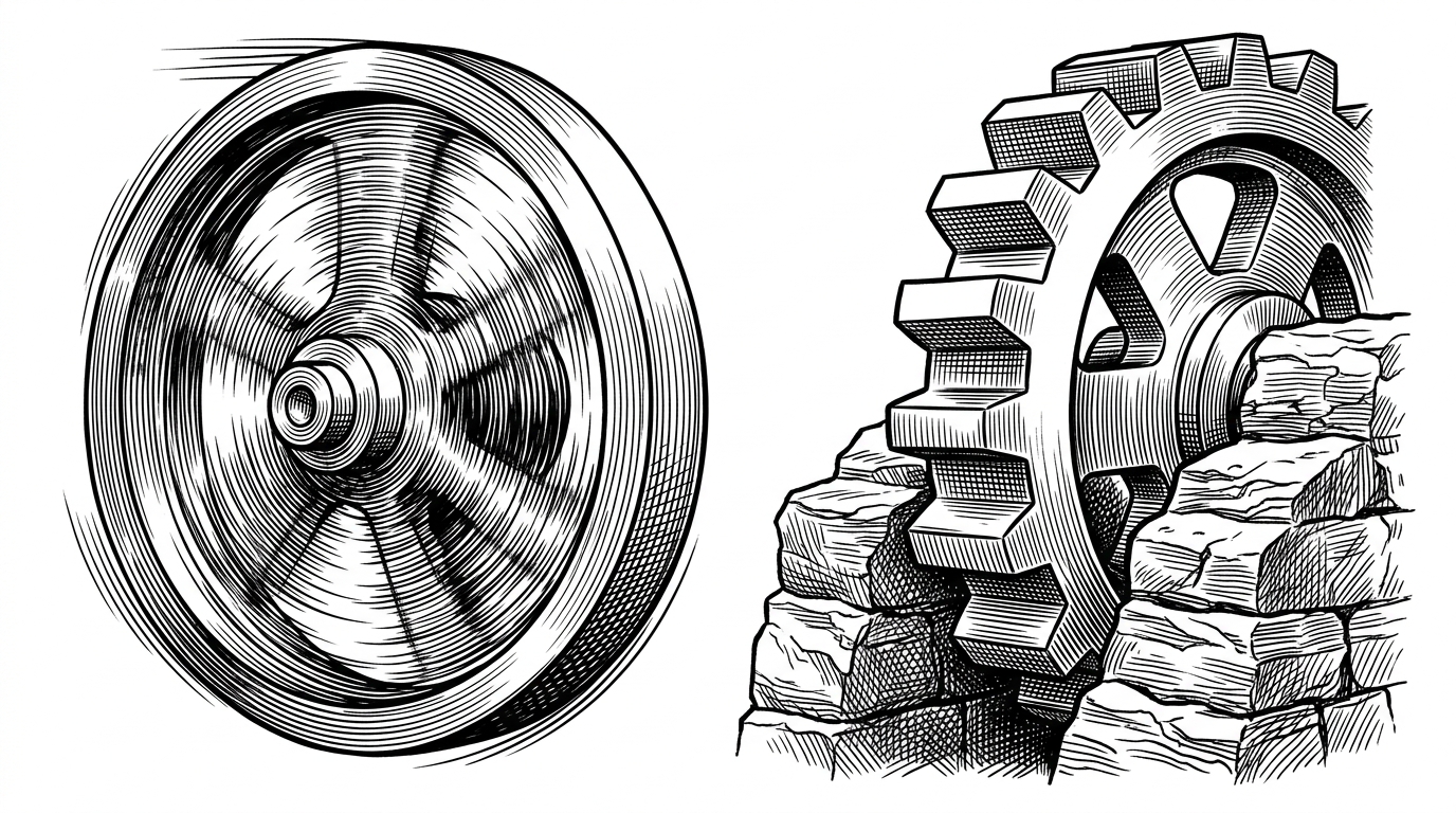 A split view of a mechanical engine showing a high-speed flywheel on one side and a slow, heavy-duty gear on the other.