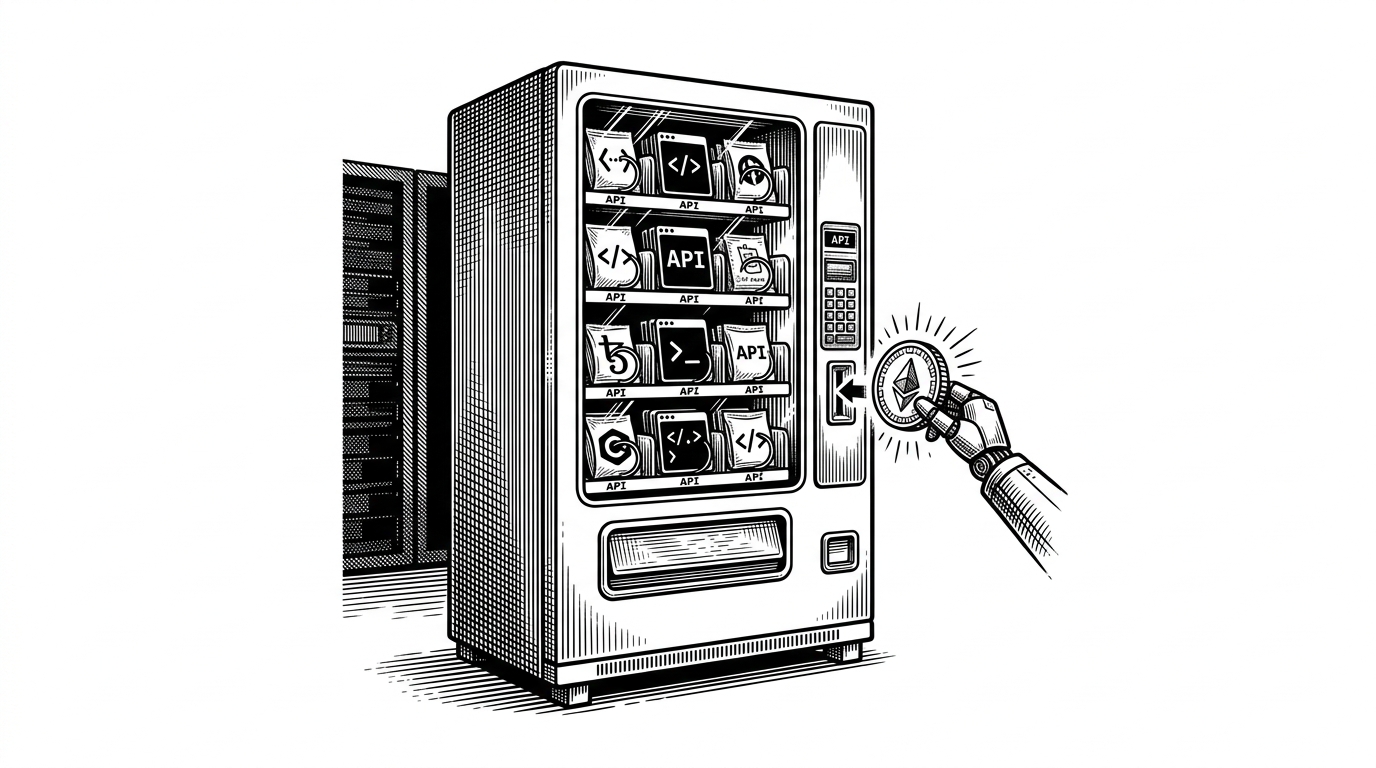 A vintage mechanical vending machine sitting in a dark server room, with a robotic arm inserting a notched cryptographic coin into the slot. This illustrates the concept of pay-per-use API infrastructure for machines.