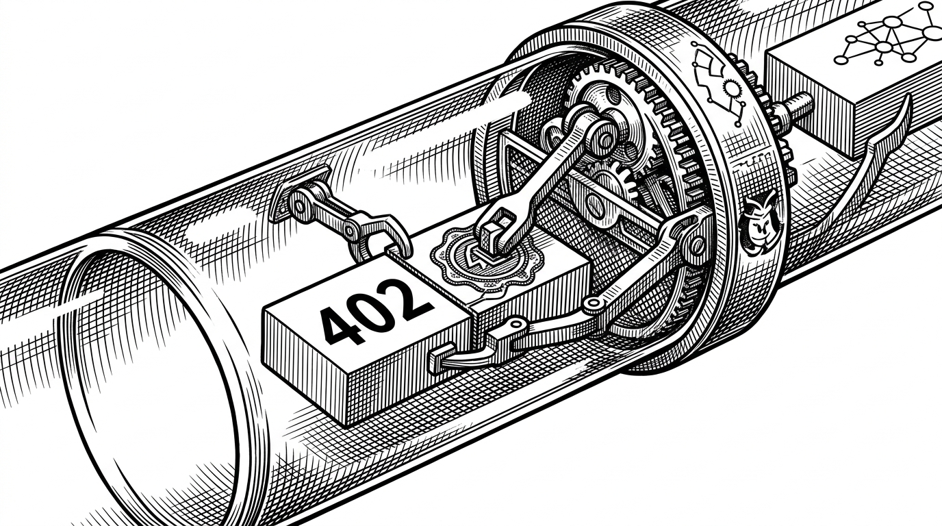 A close-up of a transparent glass pipe with a mechanical filter catching a 402 block, stamping it with a golden seal, and pushing it back through the pipe. This illustrates the catch-sign-retry logic of the Axios interceptor.