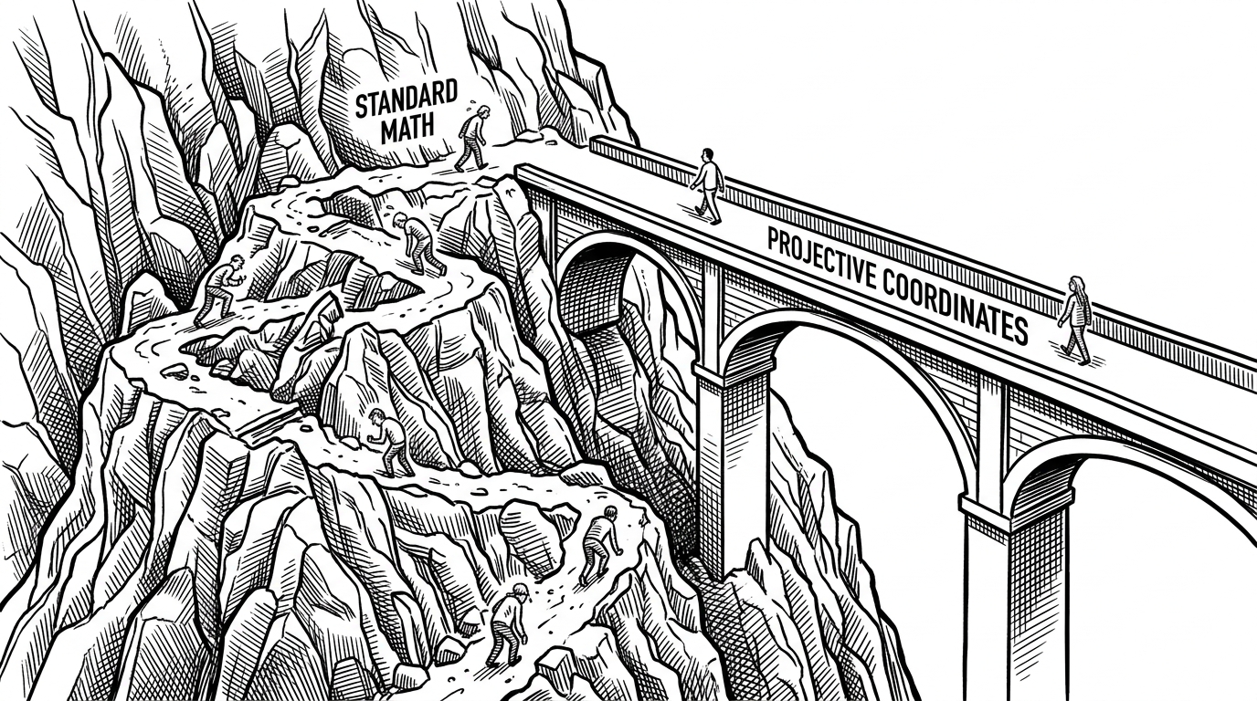 An editorial illustration showing a jagged, complex mountain path next to a smooth, straight bridge passing directly over it.