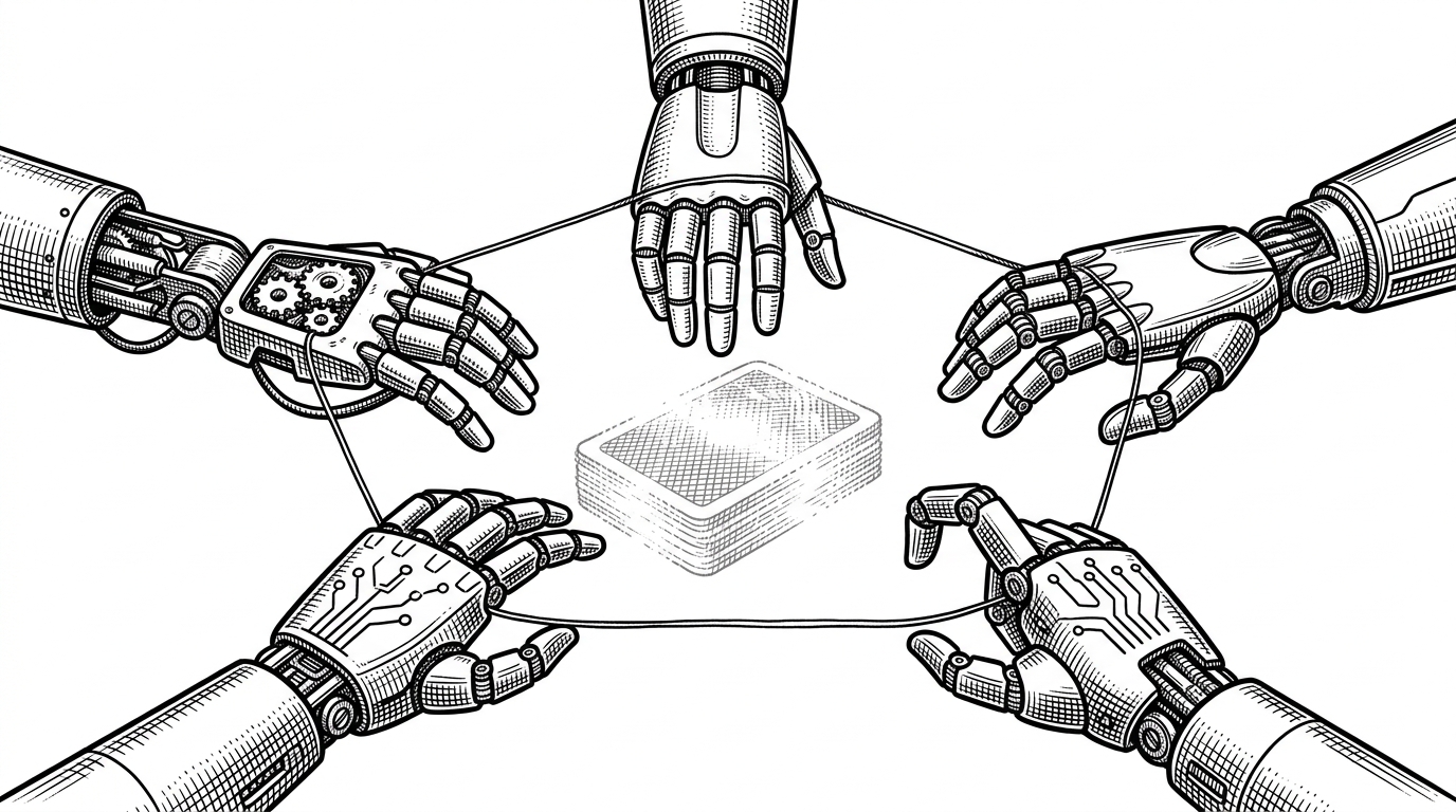 An editorial illustration of five mechanical hands arranged in a circle, hovering over a translucent deck of cards, connected by a glowing thread.