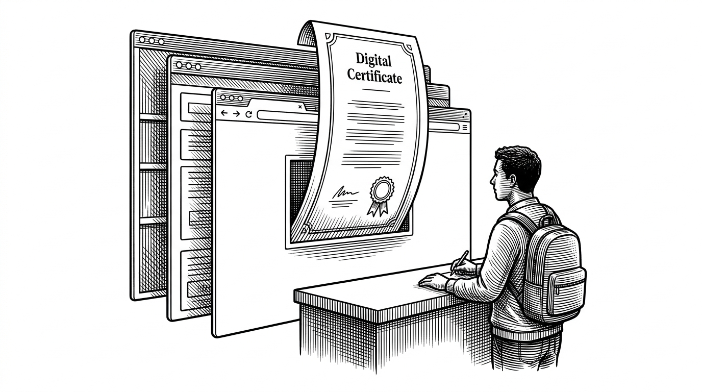 A student donor stands at a front desk while a certificate emerges from a browser window like a paper reward being pulled out of the screen. Behind it, stacked UI panels suggest a staged product experience rather than a live backend system. The scene explains how the portal uses interface design to make donation feel immediate and rewarding.