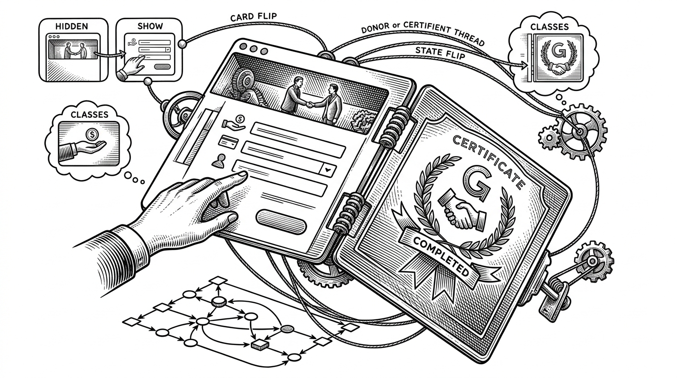 A close-up shows a browser card flipping in 3D from a donor form to a certificate badge. Thin mechanical lines connect class states like hidden, show, and card flip, turning the interface into a visible state machine. The image explains how the portal creates the feeling of a workflow through CSS and vanilla JavaScript.