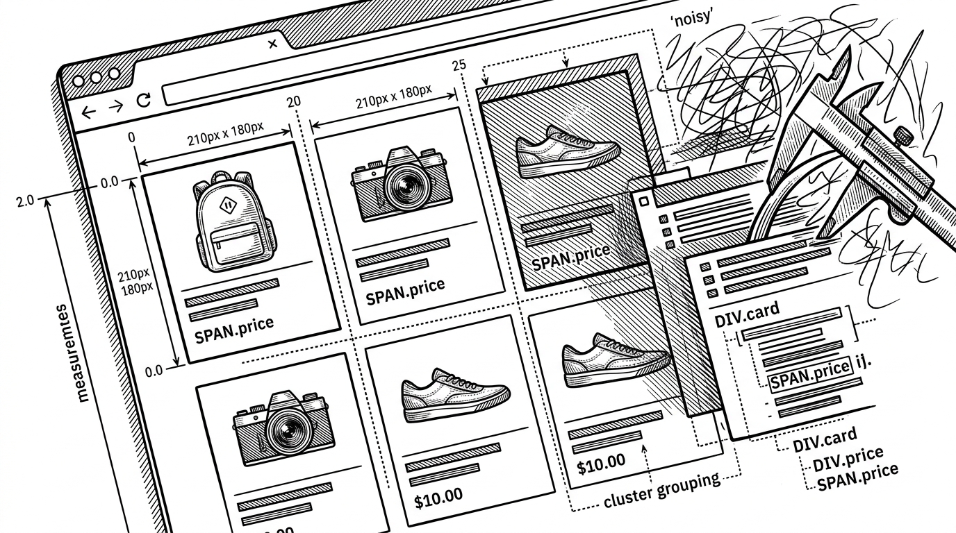 A close-up view of a dense browser page filled with repeated product cards. Invisible measurement lines, contour overlays, and grouped clusters show how the system identifies repeated items and likely content regions. The image explains Maxun’s browser-side heuristics for finding structure on messy pages.