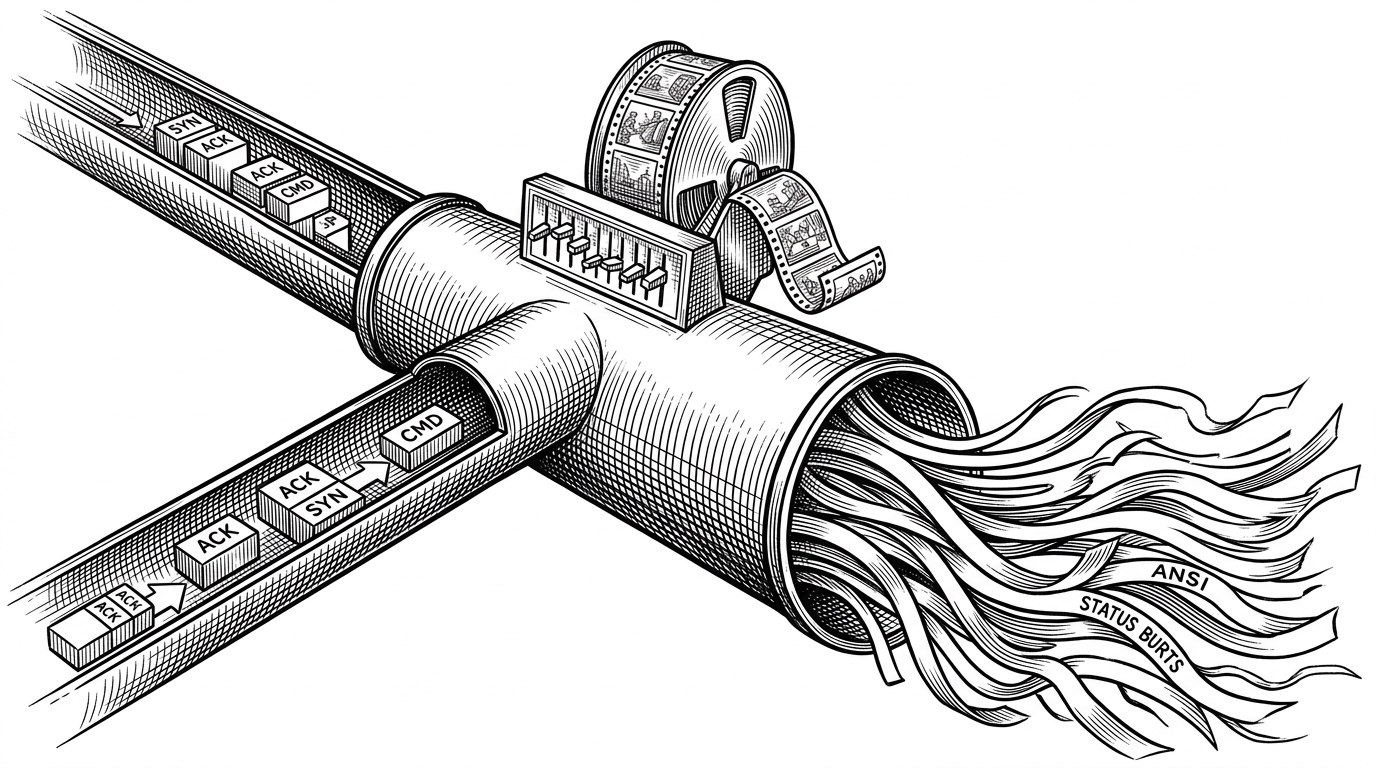 A close-up mechanical pipe splits into two channels. One carries compact control packets, the other carries flowing terminal output, while a small switchboard in the middle stores and replays session snapshots on a timeline reel. The scene explains why Paseo separates control messages from raw agent output.