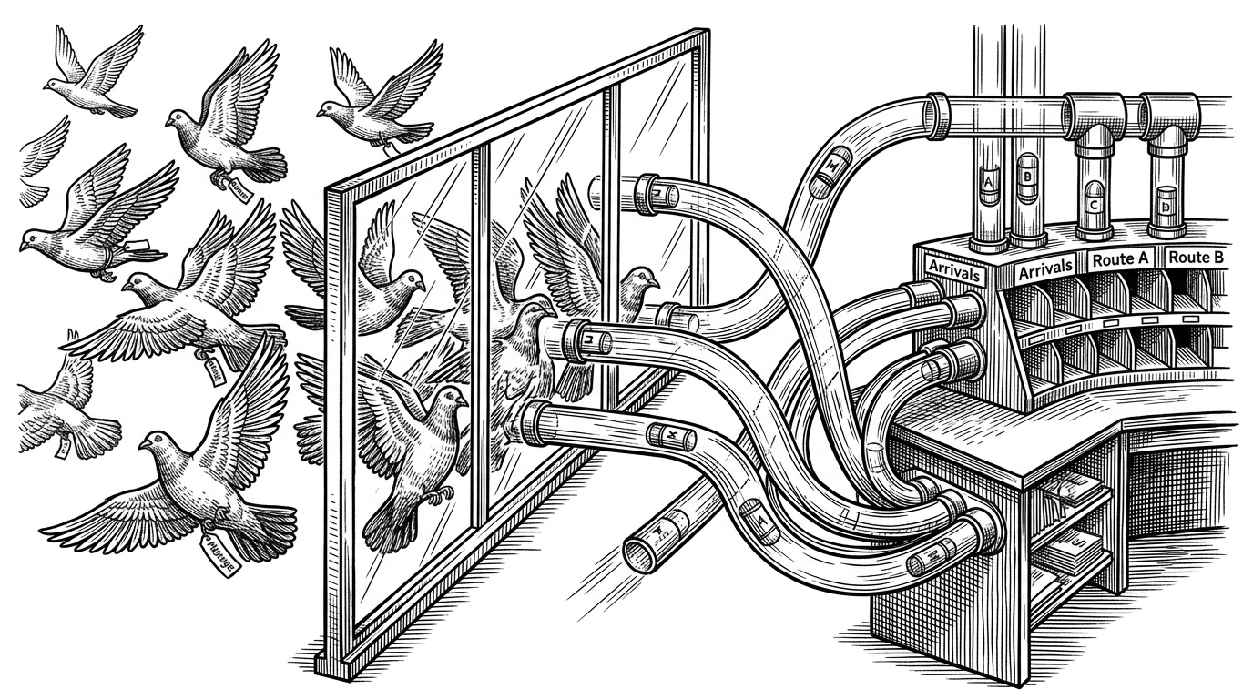 A high-speed pneumatic tube system intercepting a flock of carrier pigeons mid-flight, routing them to a sorting desk.