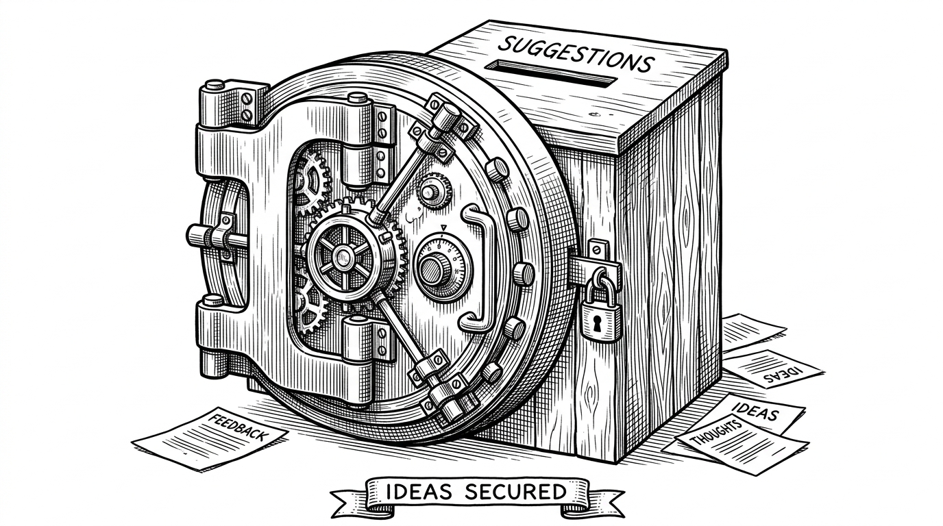 A massive steel bank vault door attached to a small wooden suggestion box, representing enterprise engineering applied to a simple chat tool.
