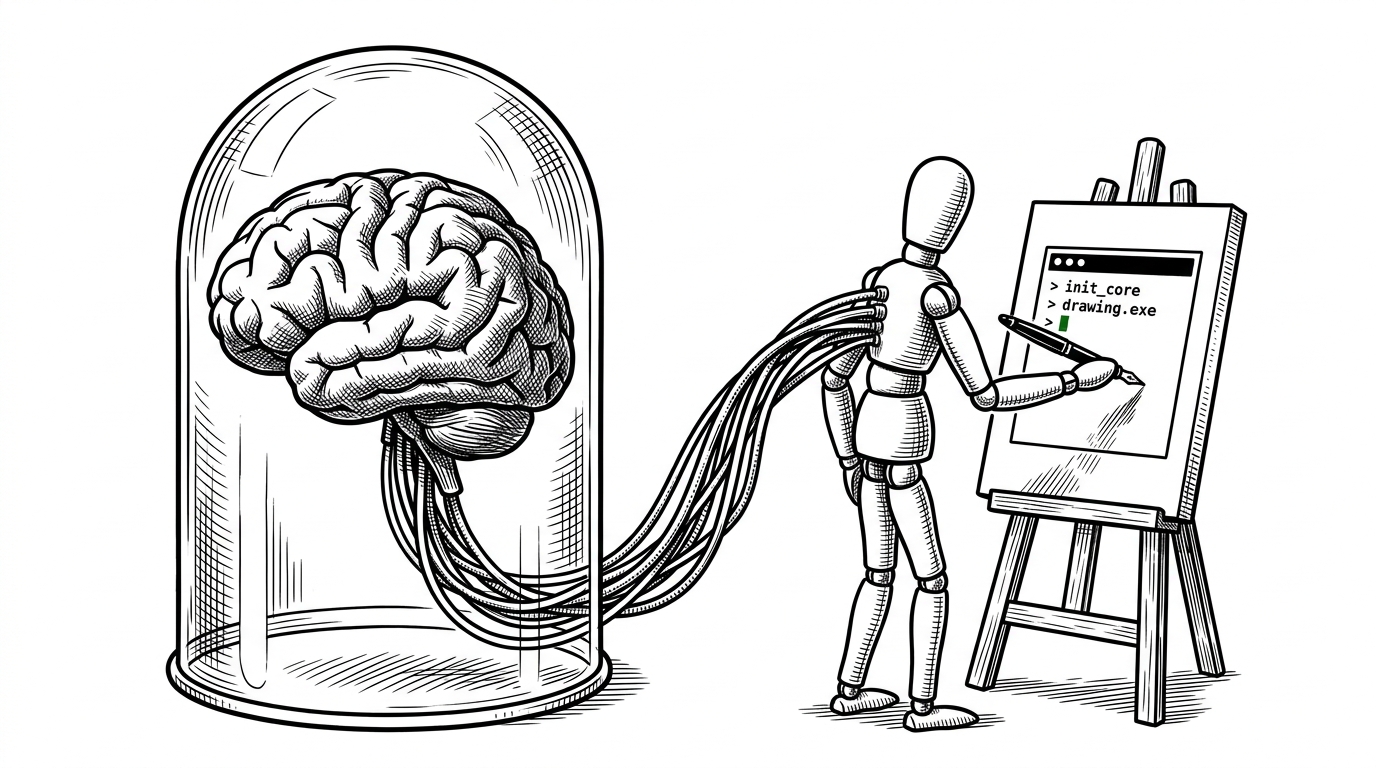 A human brain in a glass jar connected by cables to a mechanical puppet drawing on a canvas, illustrating the headless engine concept.