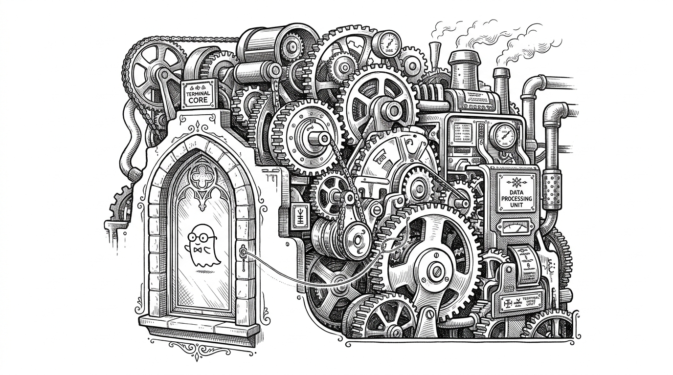 A massive clockwork engine connected to a small glass window by a single wire, illustrating the concept of a massive terminal engine driving a minimal frontend.