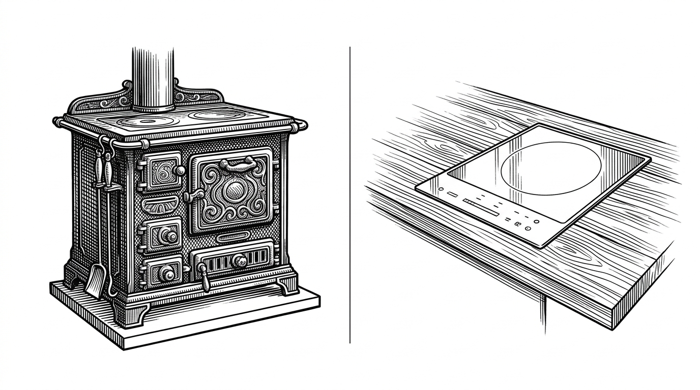 A heavy cast-iron stove compared to a sleek modular induction burner integrated into a tabletop, illustrating the shift from monolithic application to embeddable component.