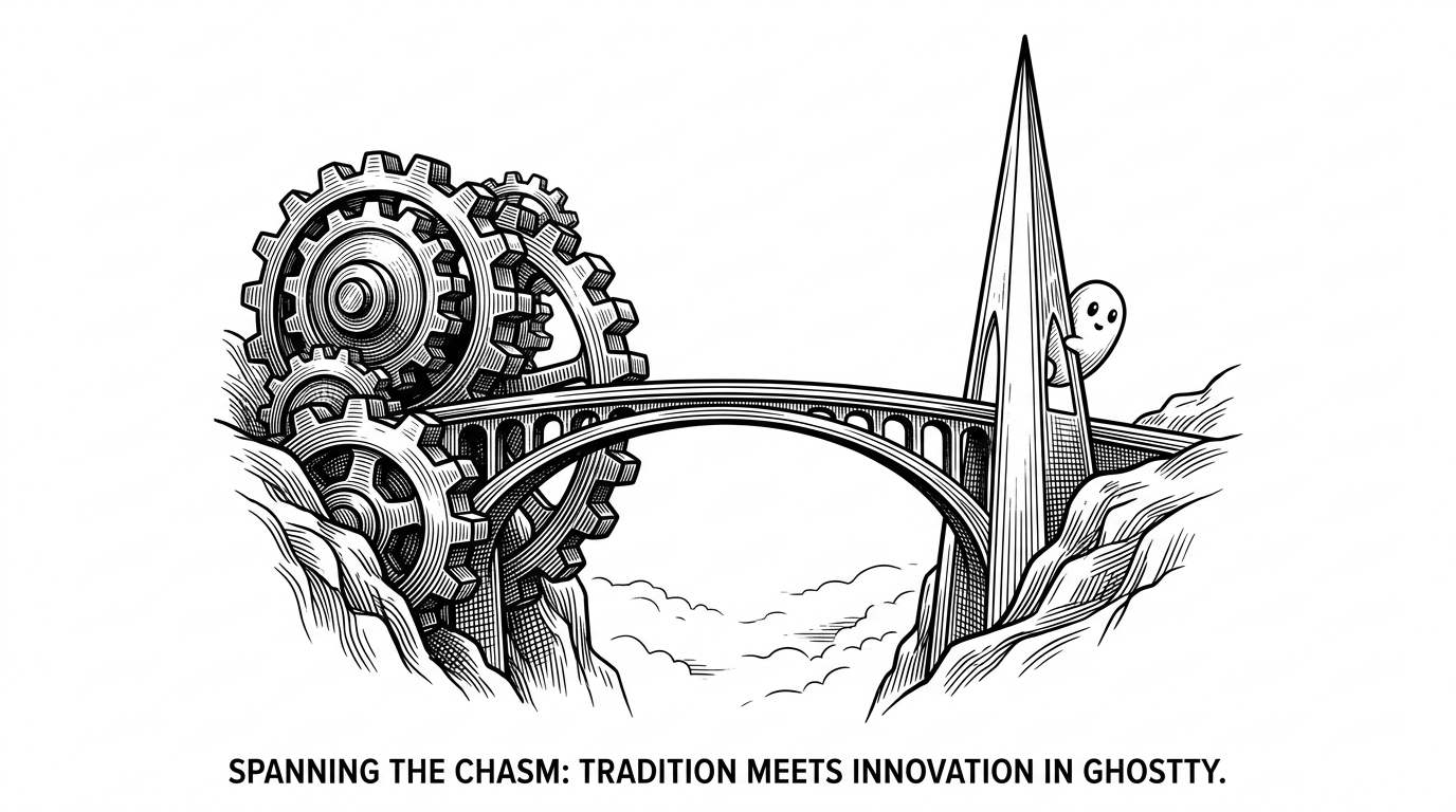 A wide bridge spanning a misty chasm. On one side are heavy, clunky gears; on the other is a sleek, glowing spire.