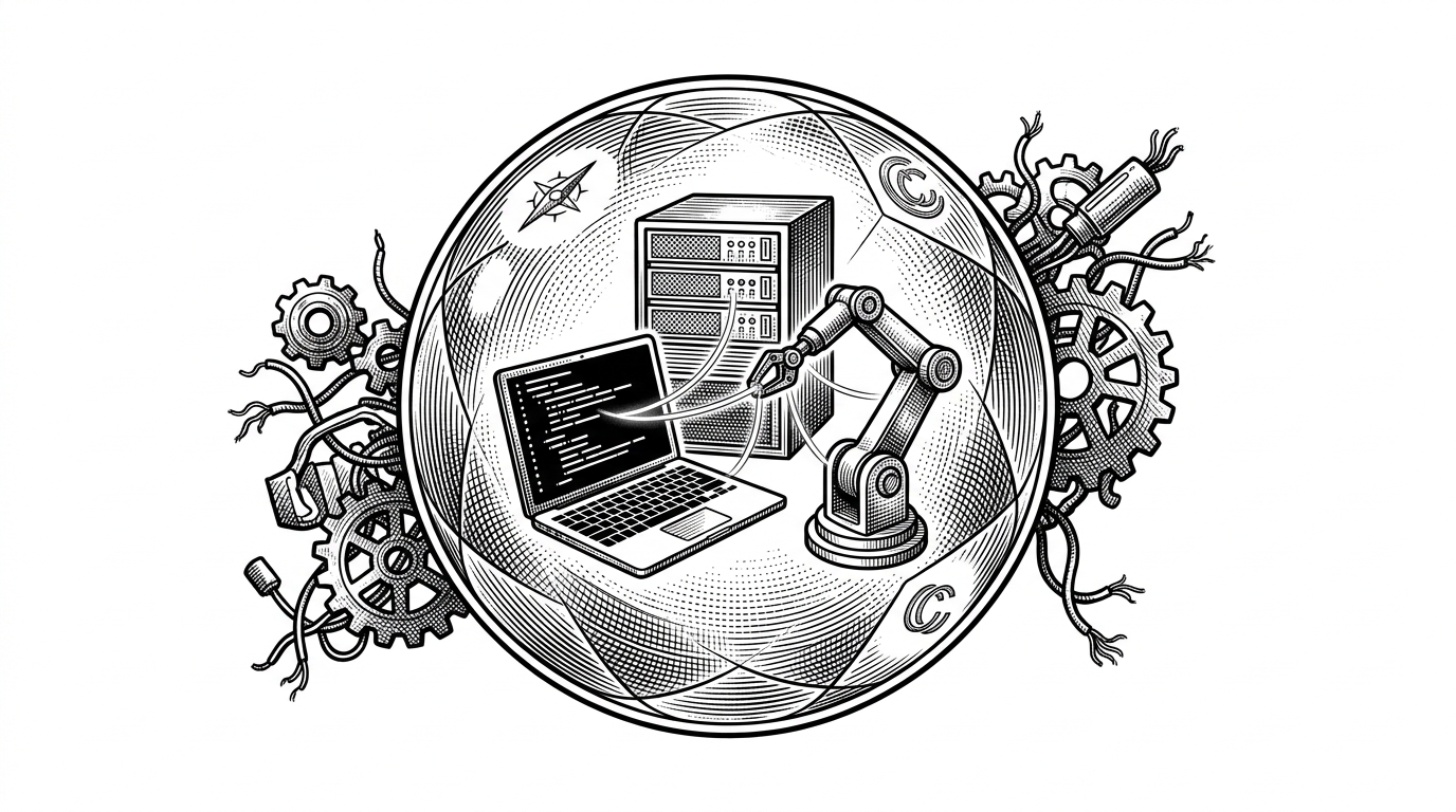 A crystalline sphere protecting a synchronized laptop and server from chaotic gears outside.