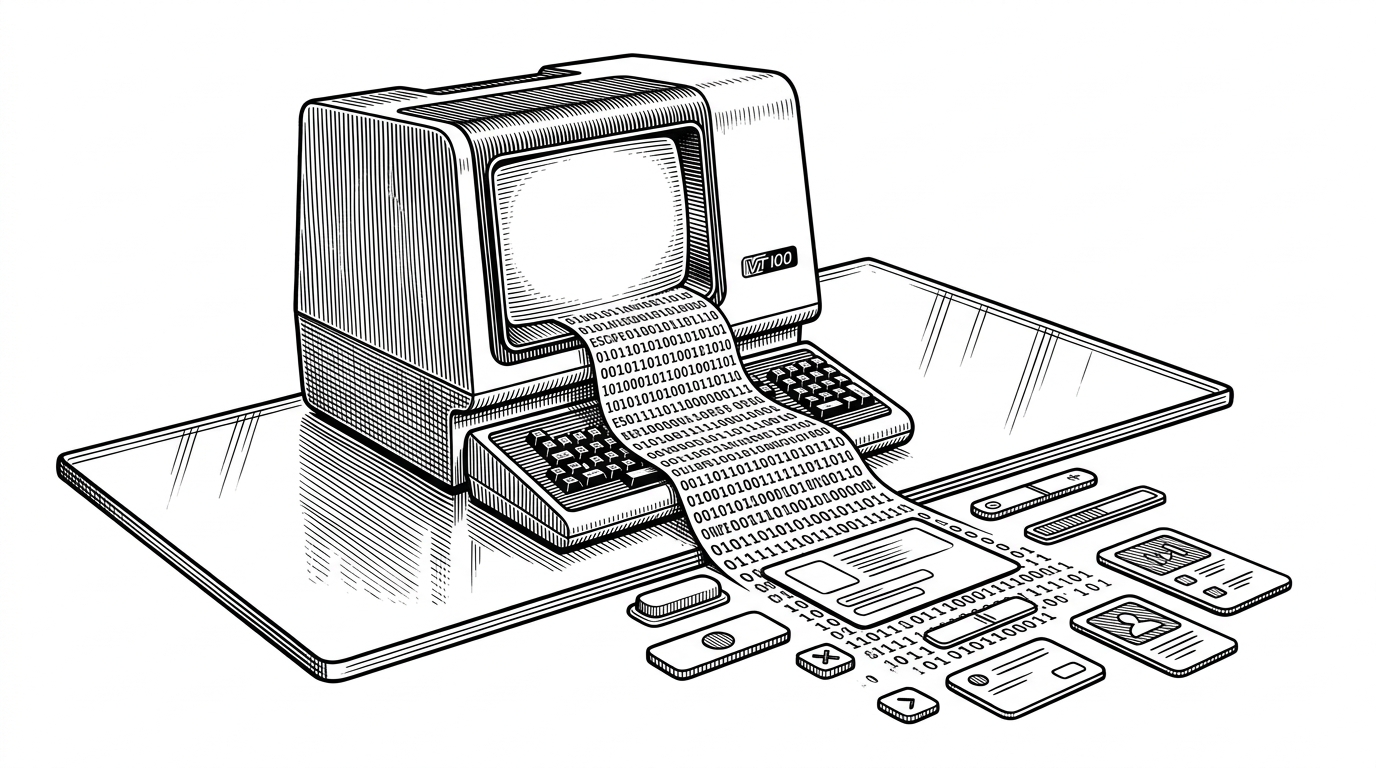 A vintage terminal on a glass desk with its screen leaking code that turns into UI components.