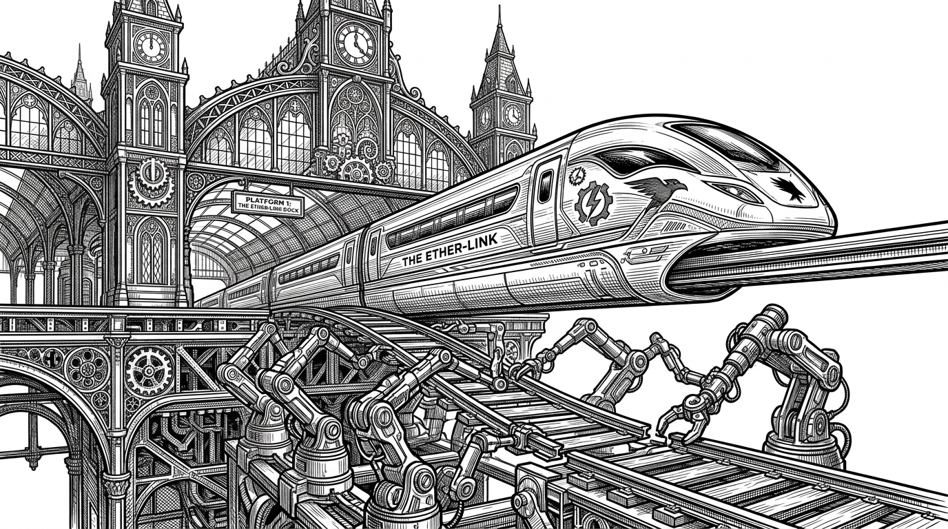 A sleek magnetic levitation train docking with a Victorian-era iron station, guided by robotic arms.