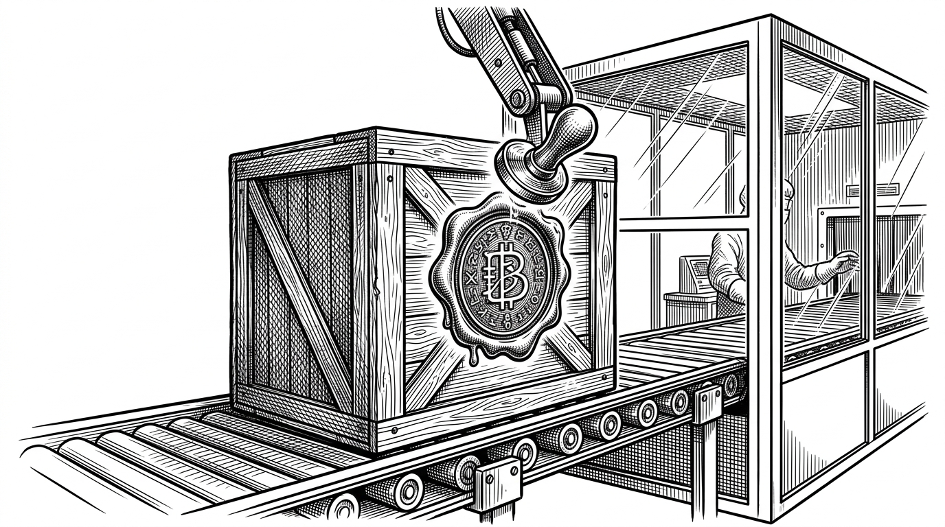 A heavy wooden crate being stamped with a wax-sealed cryptographic sigil as it moves into a clean room.