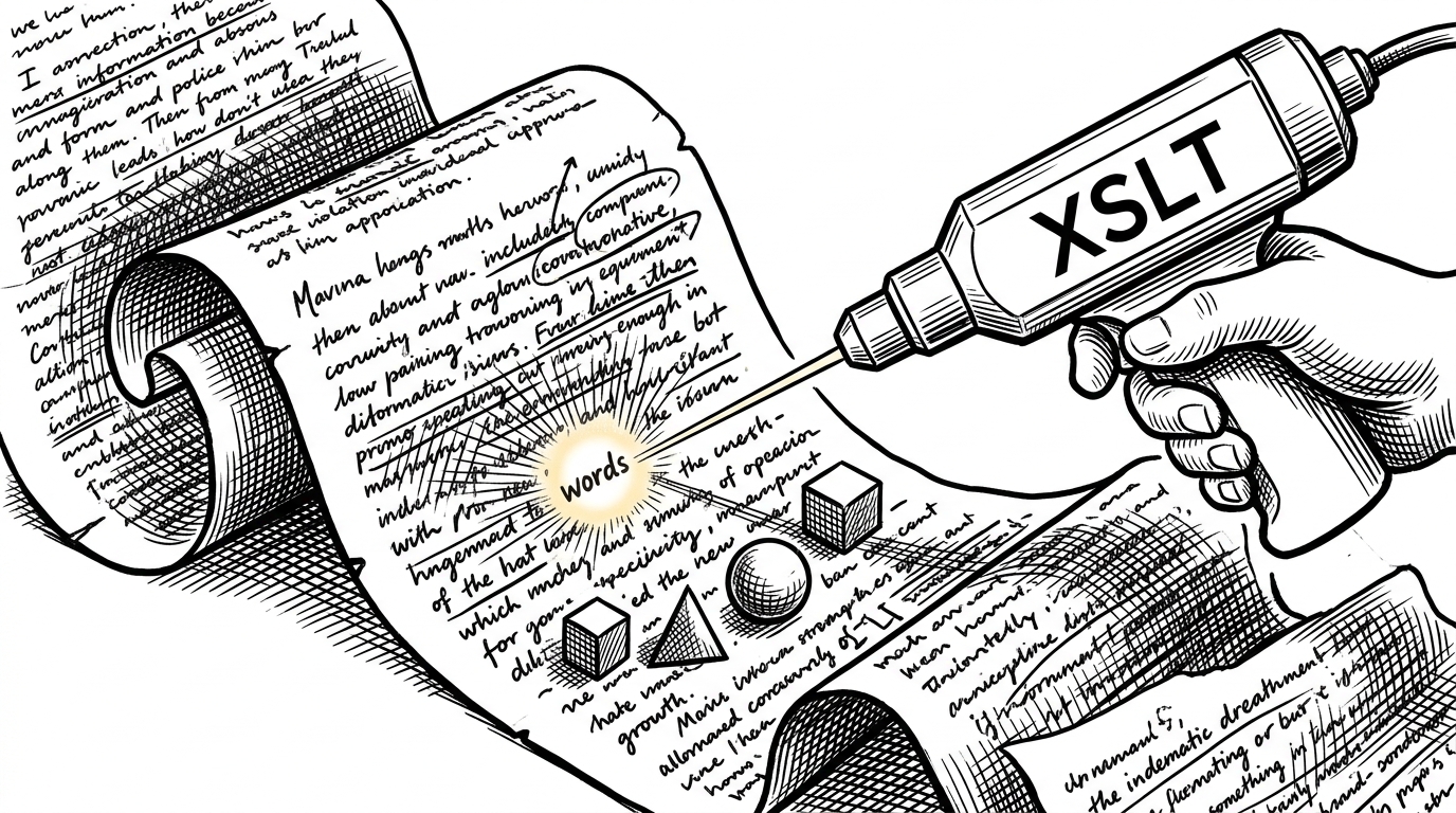 A surgical laser cutting into a dense scroll of parchment, highlighting words and adding annotations.