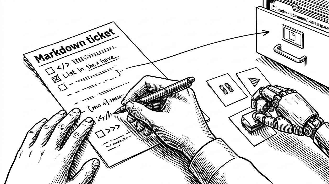 A close-up of a Markdown ticket on a workbench with a human hand editing the text and a mechanical hand stamping pause, continue, and fail onto a nearby flow card. In the background, a thin line leads to a file cabinet labeled .codex-autorunner/contextspace, showing how durable context sits beside the live task.