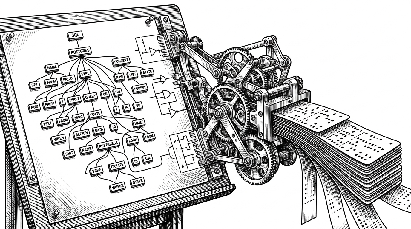 A close-up desk scene shows a Postgres parse tree pinned to a blueprint on one side, then a hand-built adapter labeled parser_pg bridging it to a ledger of VDBE instructions on the other. The visual explains that the project translates structure, not SQL text, before execution begins.
