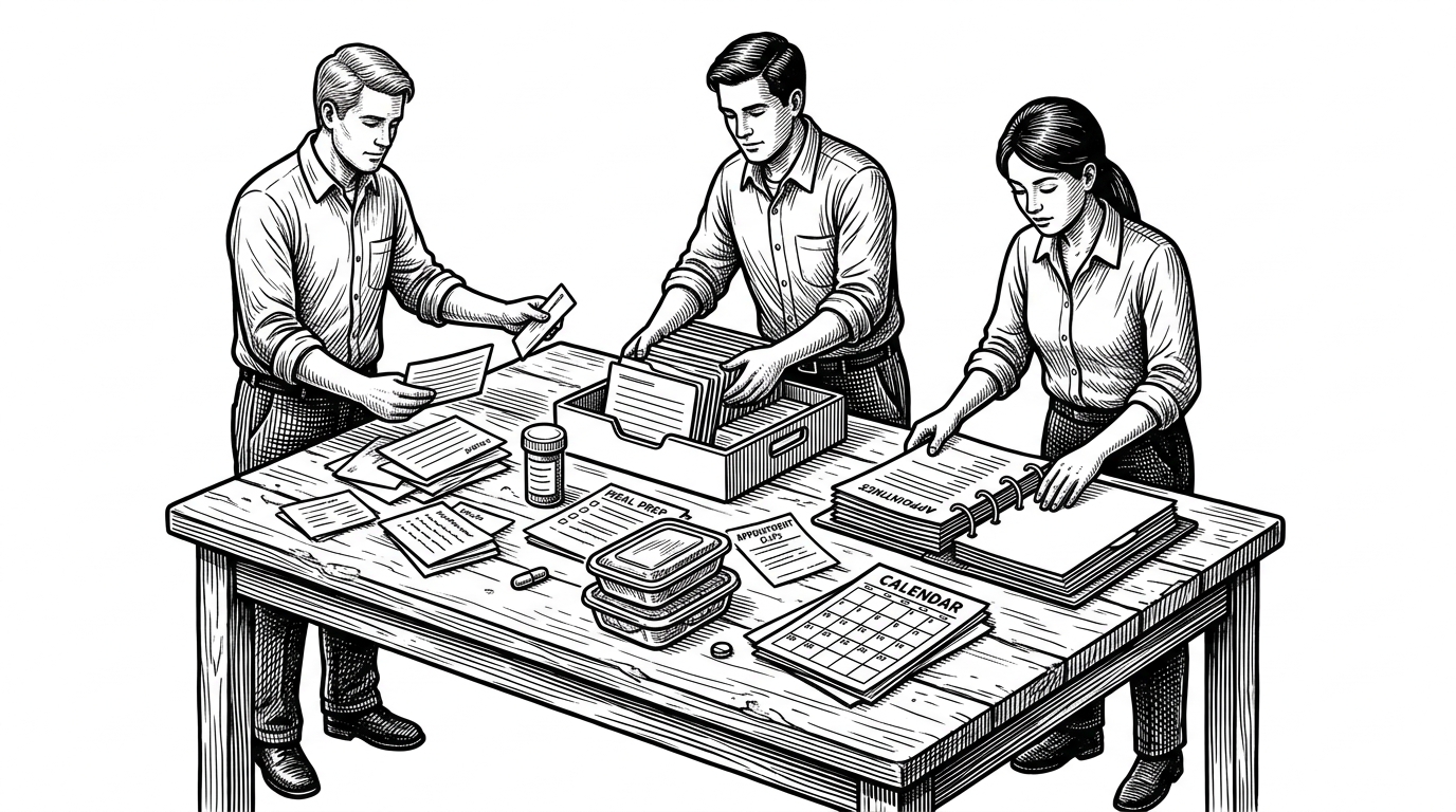 A cluttered worktable with loose note cards, appointment slips, medication reminders, and meal planning scraps being gathered by an orderly crew into a single archive tray. The scene explains that the project is about reducing cognitive load, not decorating a tidy productivity system.