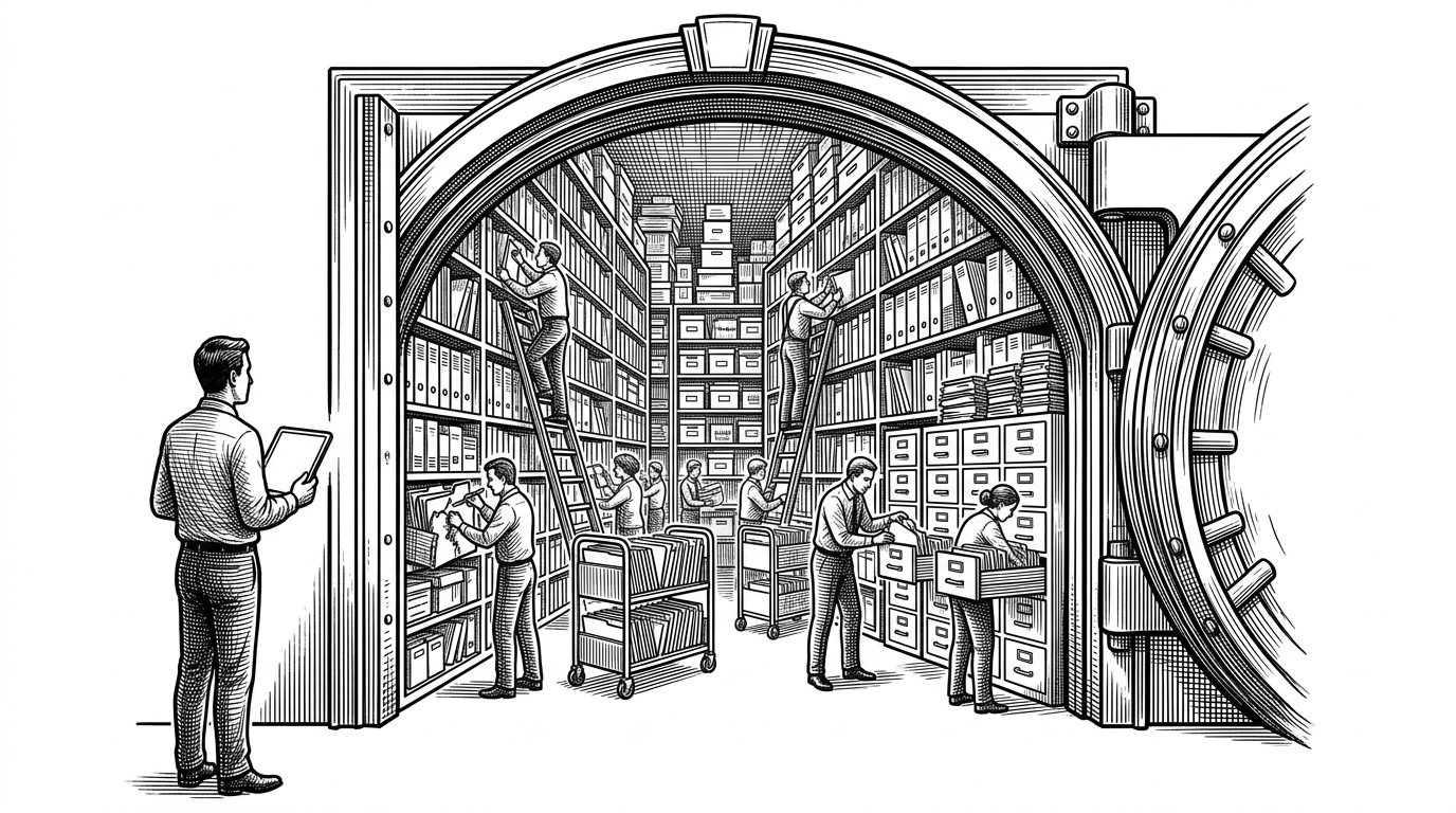 A lone human stands at the threshold of a tall archive vault while a disciplined crew inside reorganizes folders, index cards, and document boxes. The image explains the repo's central inversion: the user asks for help, and the system does the filing, repair, and reordering work.